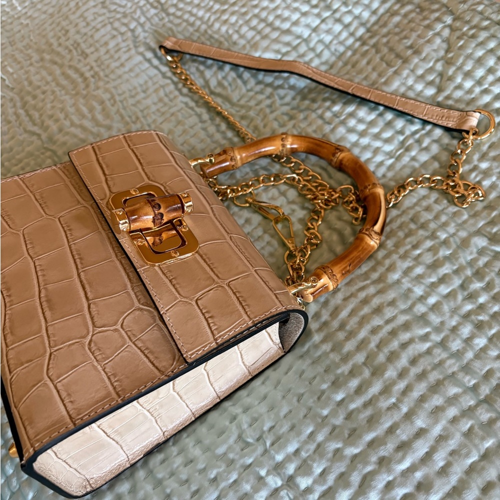 German Fuentes Cream Croc-Embossed Handbag with Bamboo Handles